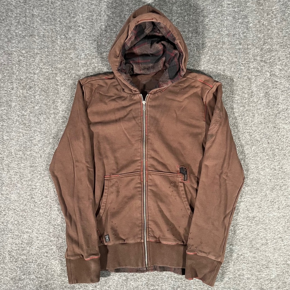 Buffalo David Bitton Mens Brown Distressed Full Zip Hoodie Plaid Lined Medium